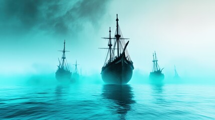 Fototapeta premium Mysterious Ships in Foggy Waters at Dawn