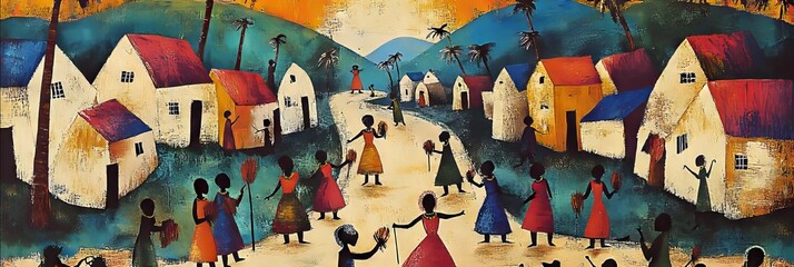 A vibrant painting of a village street scene.