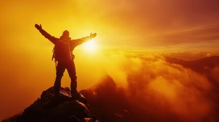 triumphant explorer atop misty mountain peak, arms raised in victory, silhouetted against vibrant sunrise. dramatic panoramic view, golden light, atmospheric perspective.
