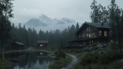 Fototapeta premium Serene Oasis in Nature - Luxury Wooden Mansion by Lake Amidst Meadows, Woods, Log Cabin, and Mountain Backdrop