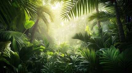 Obraz premium tropical jungle panorama dense, lush greenery with exotic plants and towering palms. sunlight filters through canopy, creating atmospheric depth.
