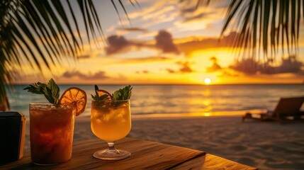 Obraz premium tropical paradise at golden hour vibrant cocktails with exotic garnishes in the foreground, silhouetted against a fiery sunset sky. palm fronds frame the scene, casting long shadows on pristine sand.