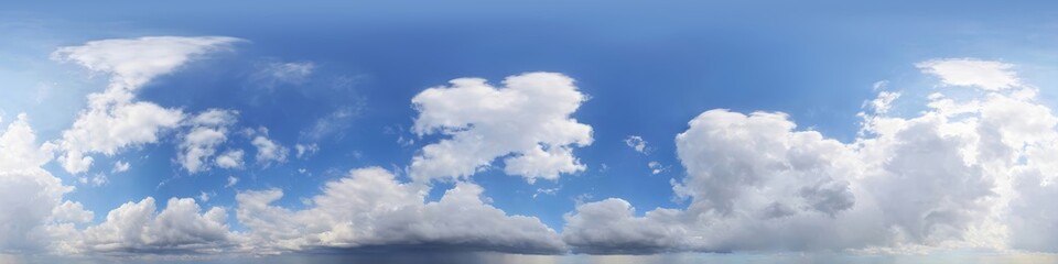 Cloudy blue sky with an impending thunderstorm. 360 hdr panorama with cumulus clouds and rain clouds. Spherical format for 3D visualization and sky replacement in drone photos. Seamless loop.