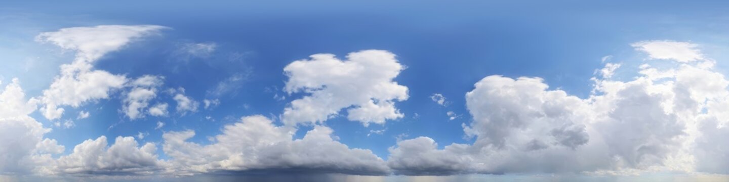 Cloudy blue sky with an impending thunderstorm. 360 hdr panorama with cumulus clouds and rain clouds. Spherical format for 3D visualization and sky replacement in drone photos. Seamless loop.