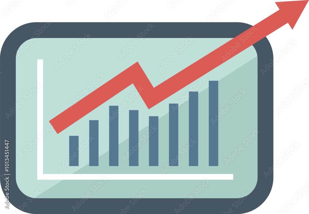 Wall mural Flat design tablet is showing a growing bars chart with an upward trend red arrow