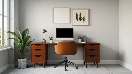 Home office setup with desk, computer, and chair