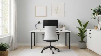 Home office setup with desk, computer, and chair