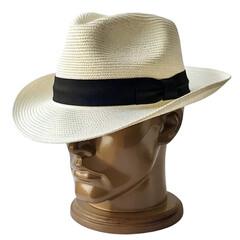 Men's white fedora hat on manikin head stand transparent background