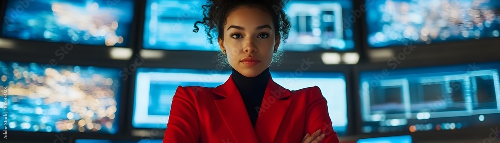 Aufkleber confident woman in red suit standing in front of multiple computer screens symbolizing tech empowerm