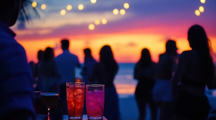 twilight beach revelry hazy silhouettes of partygoers on moonlit shore. soft bokeh lights and vibrant cocktails paint a scene of carefree summer nightlife and coastal celebration.