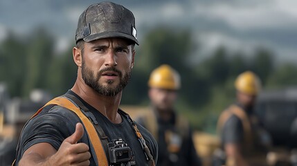 Obraz premium A construction worker on a job site holding malfunctioning equipment, angrily gesturing towards a half-built wall, while other workers complete their tasks smoothly in the background. Ultra-Realistic,