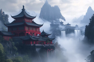 Ancient Eastern Mythology Mountain Temple Background
