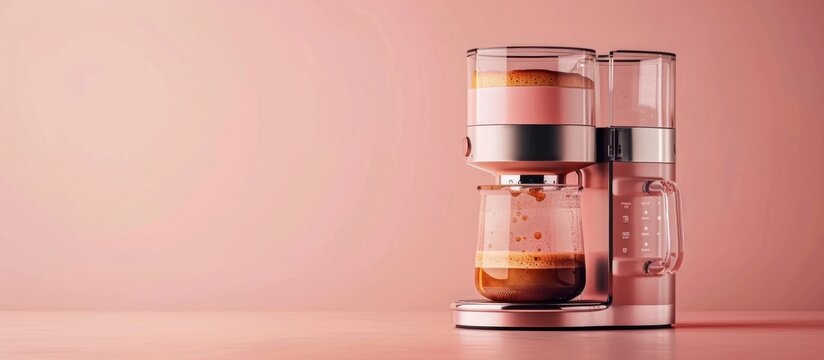 Closeup of a modern sleek pink coffee machine brewing a fresh cup of hot aromatic coffee in a minimalist studio setting  The machine has a simple elegant design and is producing a rich