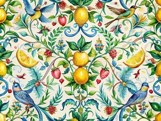 Vibrant watercolor pattern featuring traditional Italian ornaments, lemon branches, hummingbirds, and ribbons, evoking a Sicilian summer feel, 
