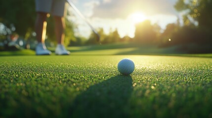 A golfer prepares to putt on a sunlit green, with a golf ball in focus.