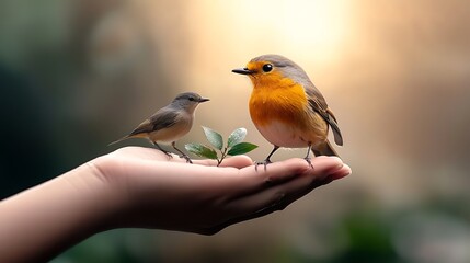 Fototapeta premium A focused shot of a bird resting calmly in a person's hand, contrasted by two birds far off in the bush, a symbol of contentment versus desire, detailed feathers and skin textures, soft background 