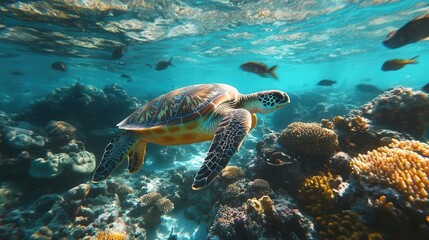 Fototapeta premium underwater wonderland vibrant coral reef teeming with tropical fish, shafts of sunlight penetrating turquoise waters, sea turtles gliding by