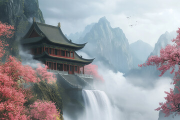 Obraz premium Ancient Eastern Mythology Mountain Temple Background