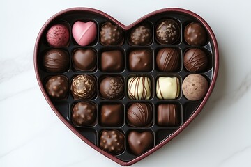 Assorted chocolates in a heart-shaped box, close-up.