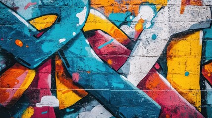 urban street art vibrant graffiti mural covering entire wall. bold colors, intricate lettering, abstract elements. gritty textures, spray paint effect. social commentary themes.