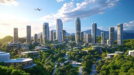 Fototapeta premium utopian eco-city, sleek skyscrapers seamlessly integrated with verdant forests, sustainable architecture, flying vehicles, clean energy infrastructure visible