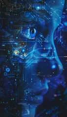 Fototapeta premium Vibrant blue abstract background with ai brain, circuit patterns, and digital motifs for technology