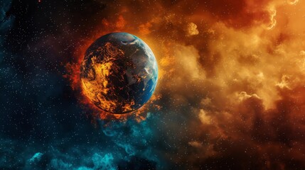 Obraz premium Earth from space engulfed in flames, with a striking contrast to the dark void of space