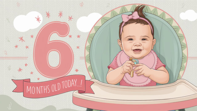A joyful baby girl with smiles sitting in a colorful high chair, celebrating her 6-month milestone