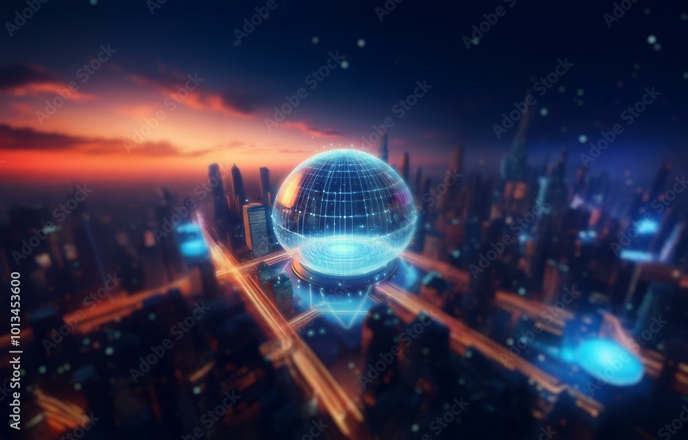 Canvas Prints A glowing blue sphere sits atop a futuristic city, bathed in the warm light of a setting sun.