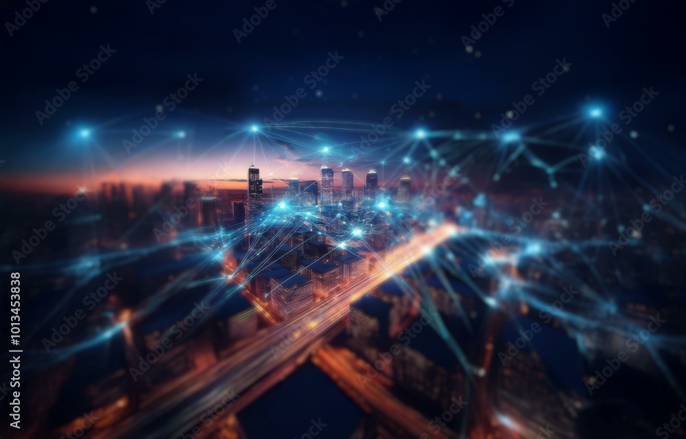Poster a cityscape at night with a network of glowing lines connecting buildings.