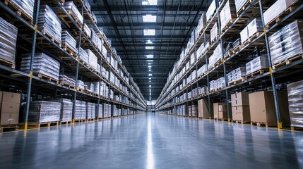 Fototapeta premium vast, pristine warehouse interior with high ceilings and orderly rows of shelving. clean lines, subtle lighting, and strategically placed products create an efficient and organized space.