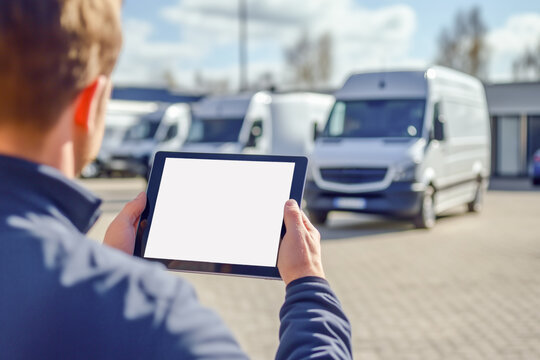 Tablet with blank screen in hands of fleet manager. Digital solution for car dealership and fleet management. Commercial van.