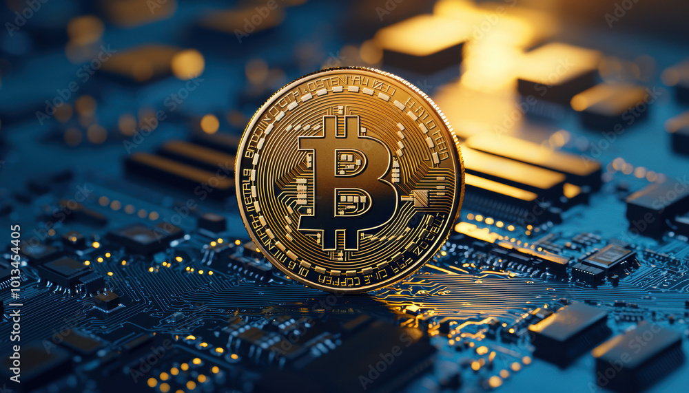 Poster bitcoin coin on microchip background, digital currency concept.