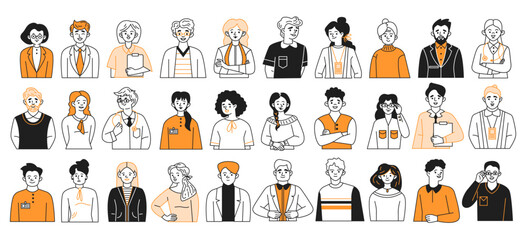 Businesspeople profile avatars doodle line and color illustration set. Business specialists jobs linear sketch vector characters collection