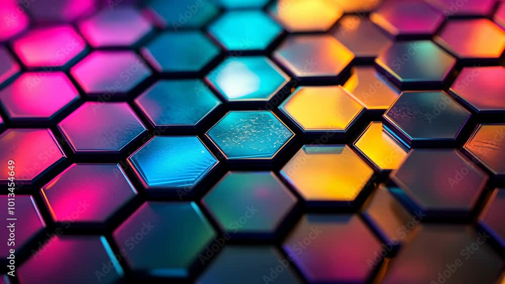 Poster a close-up shot of colorful hexagonal tiles reflecting light
