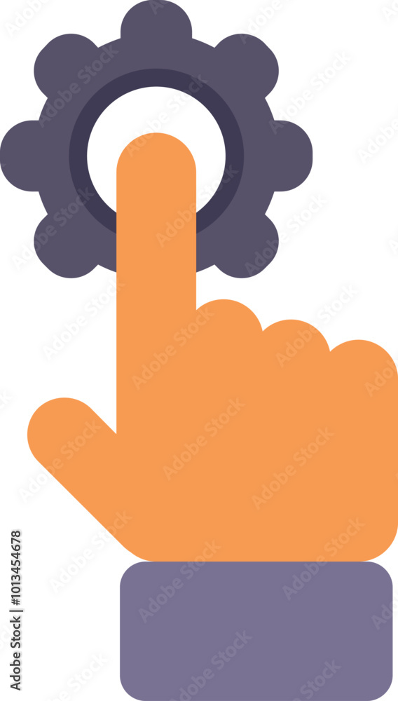 Poster hand pressing a gear button, activating a process or setting things in motion