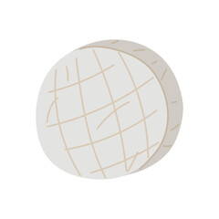 A round whole head of Camembert cheese, a French soft creamy dish with brie cheese in the form of tortillas highlighted on a white background. A separate item of dairy product with mold