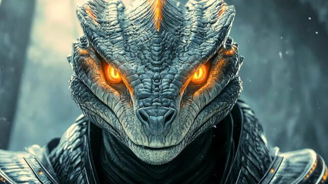 A close-up shot of a reptilian creature's face with glowing orange eyes, captured in a forest setting