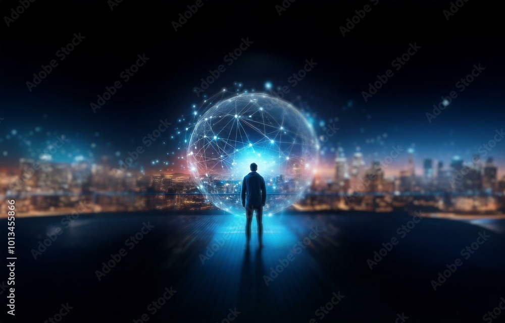 Wall mural A person stands on a rooftop overlooking a city at night, a glowing orb of connected nodes hovers above them.