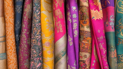 A stunning display of vibrant Indian fabrics showcasing intricate designs and rich hues, celebrating the art of textile creation.