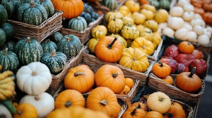 vibrant autumn market display with array of colorful pumpkins and gourds. rich oranges, greens, and yellows create seasonal cornucopia.