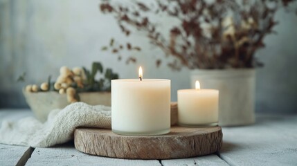 Burning Candles on a Wooden Slice with a Rustic Background