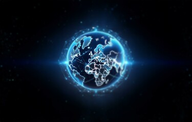 Naklejka premium A glowing blue digital globe with continents outlined against a black background with blue lights.