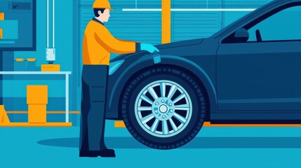 Tire rotation service, mechanic working on car, flat design illustration