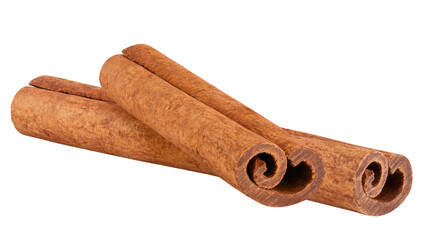 Two cinnamon sticks isolated on a white background. Fragrant and aromatic spice, perfect for baking and cooking.