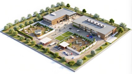 An isometric view of a modern school campus with buildings, green spaces, and parking lots.