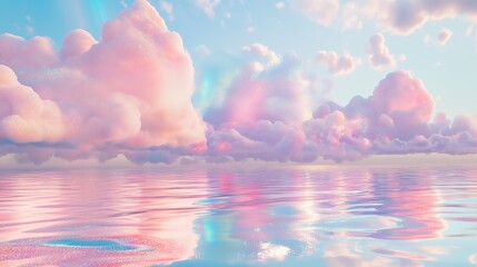 fluffy pink clouds, glittering, reflecting in holographic water, surreal