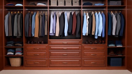 Walk-in closet with clothes and accessories, organized space
