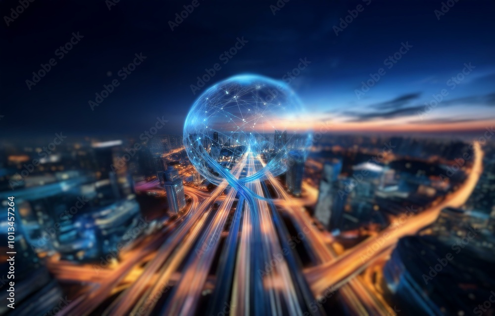 Canvas Prints A glowing orb of connected lines hovers above a city skyline. The city below is awash in glowing lights, creating a sense of urban energy and technological advancement.