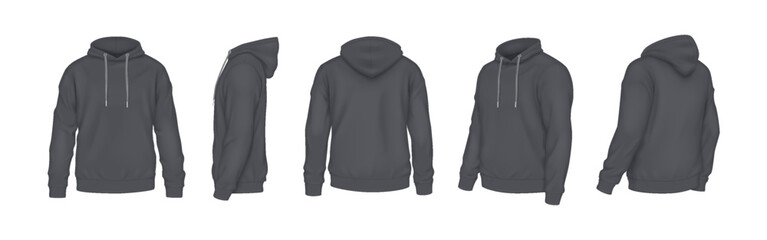 Black hoodies with place for company brand realistic vector illustration set. Sports apparel with design template 3d models on white